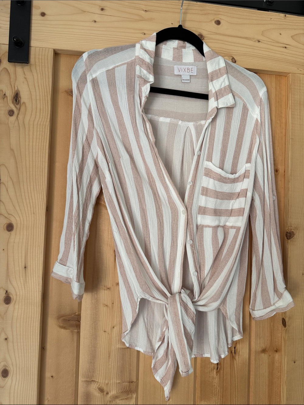 Cream & Light Brown Striped Tie-Front Button Down Shirt